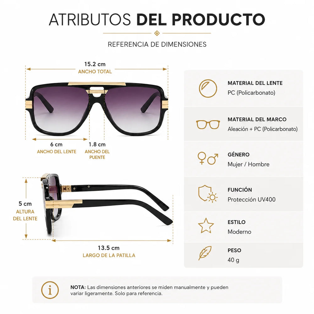 Dimensiones y materiales de las gafas
