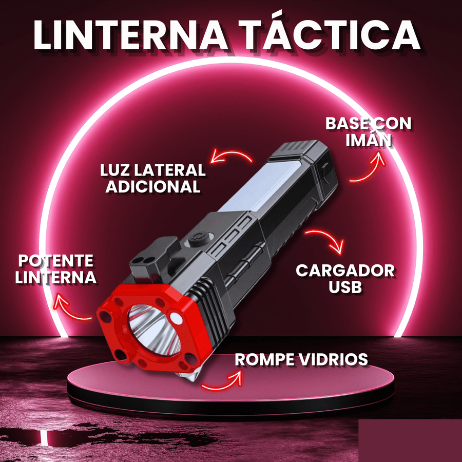 Linterna Táctica 4 en 1 Recargable — Luz Potente + Rompe Vidrios 🔦