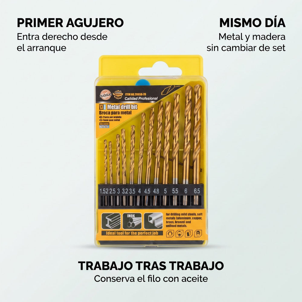 Juego de 13 Brocas Recubiertas de Titanio — Metal, Madera y Plástico