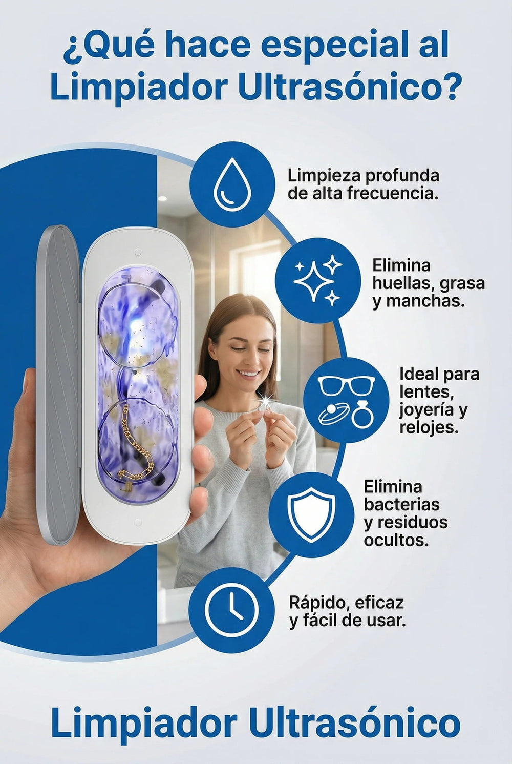 CleanWave Sonic™ — Limpiador Ultrasónico para Lentes, Joyas y Relojes