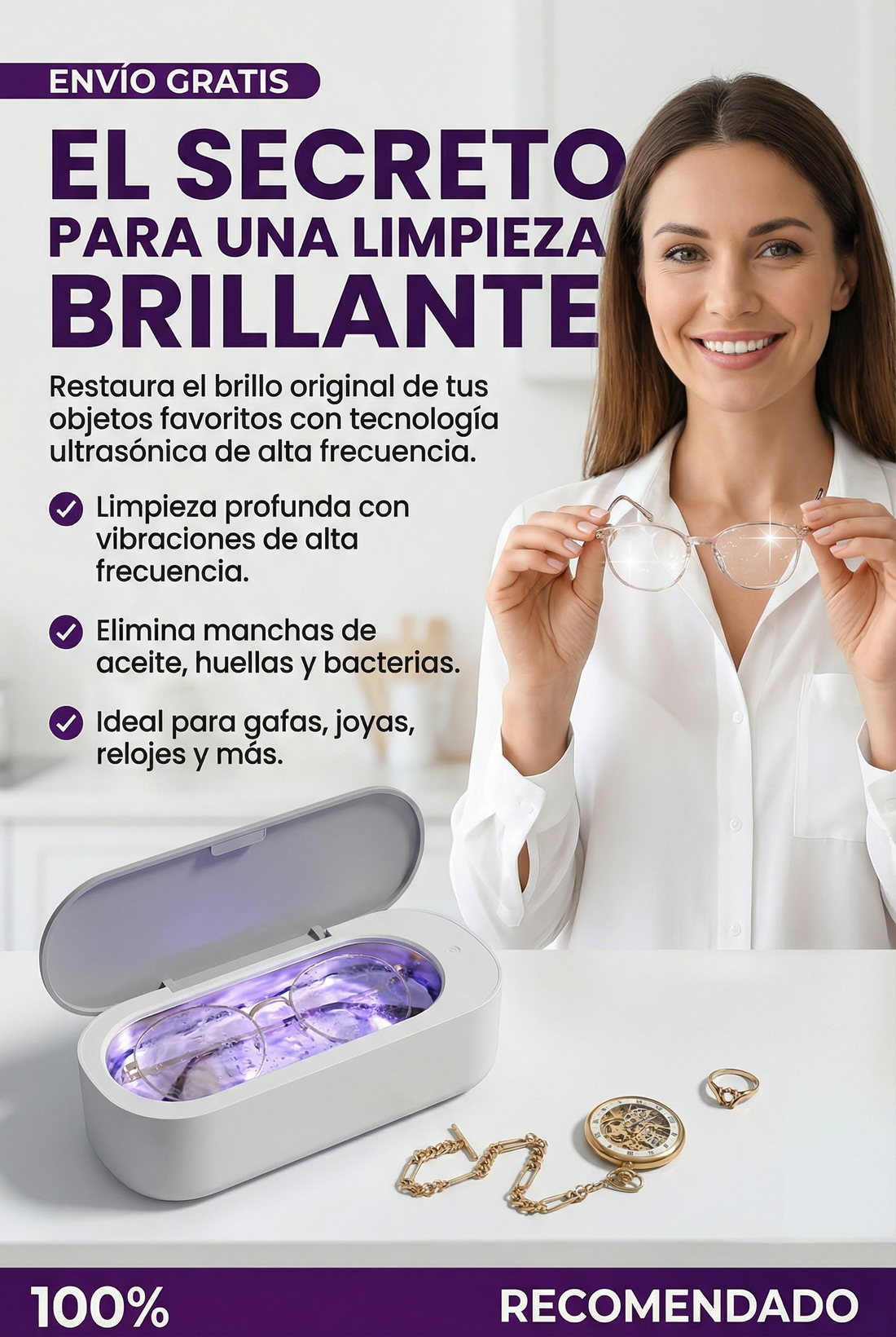 CleanWave Sonic™ — Limpiador Ultrasónico para Lentes, Joyas y Relojes