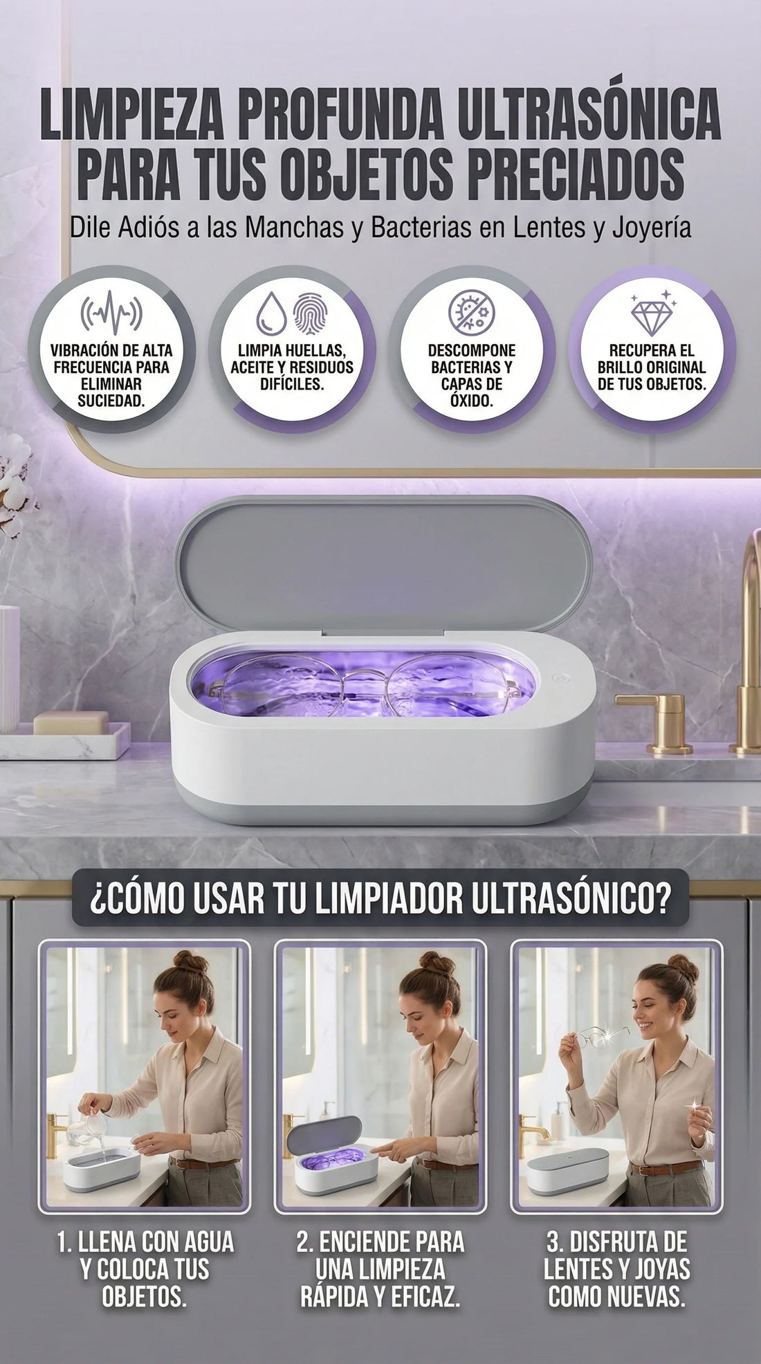 CleanWave Sonic™ — Limpiador Ultrasónico para Lentes, Joyas y Relojes