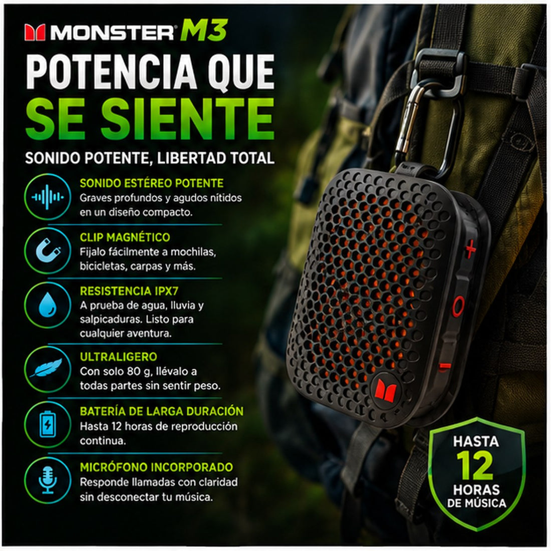 MONSTER M3 — Altavoz Bluetooth Portátil con Clip Magnético · IPX7