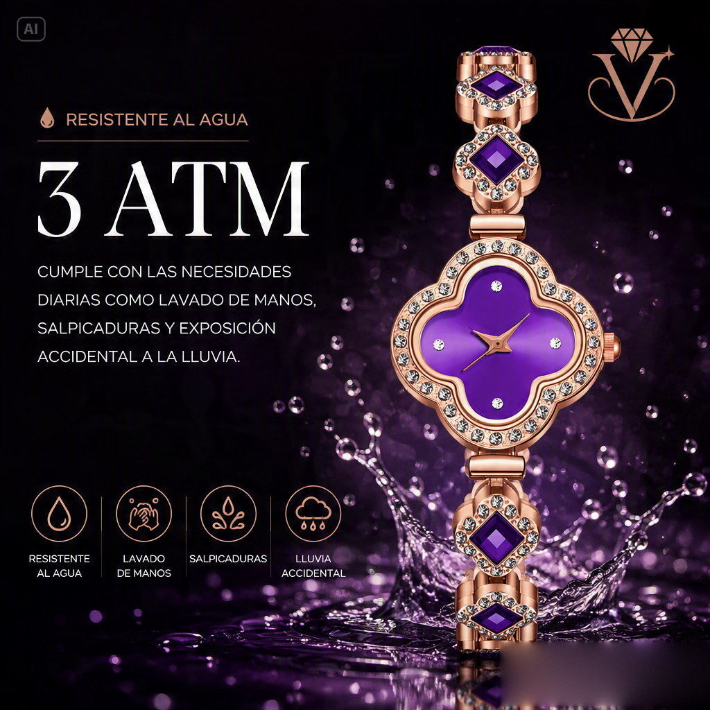 Reloj Trébol™ — Oro Rosa con Esfera Color Amatista y Malla de Cristales