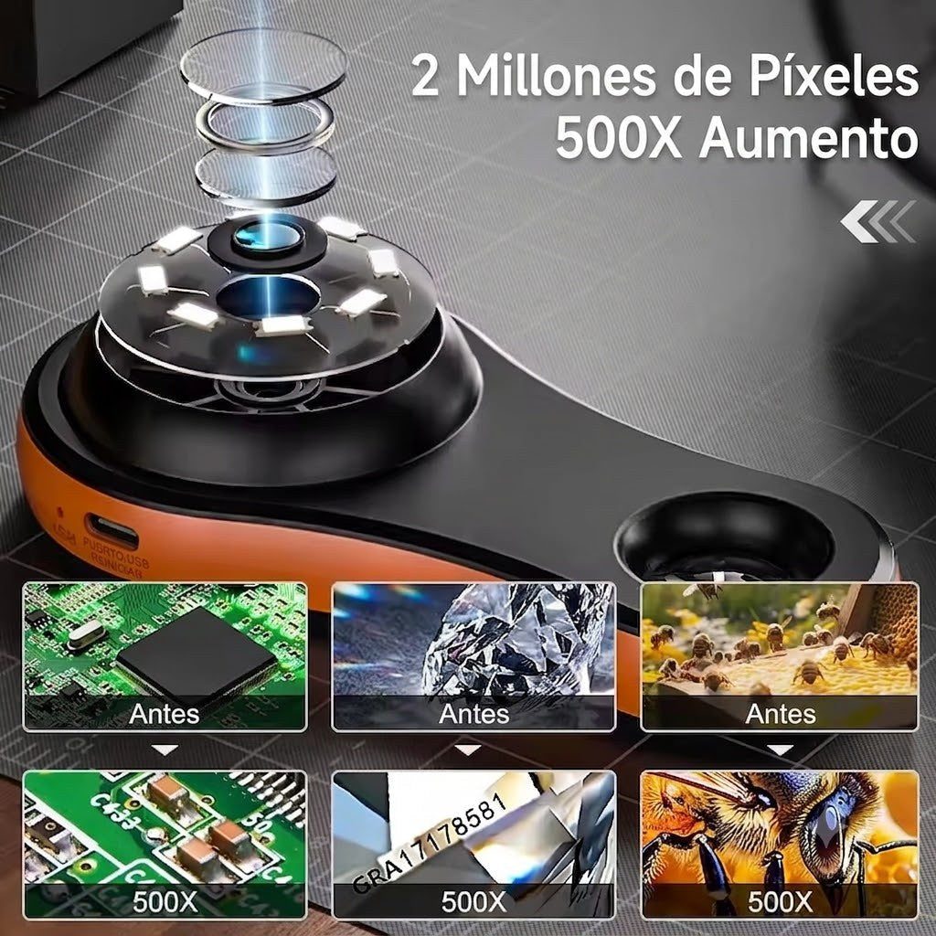 Microscopio Digital Portátil 500X — Pantalla IPS 2.0" HD 1080P