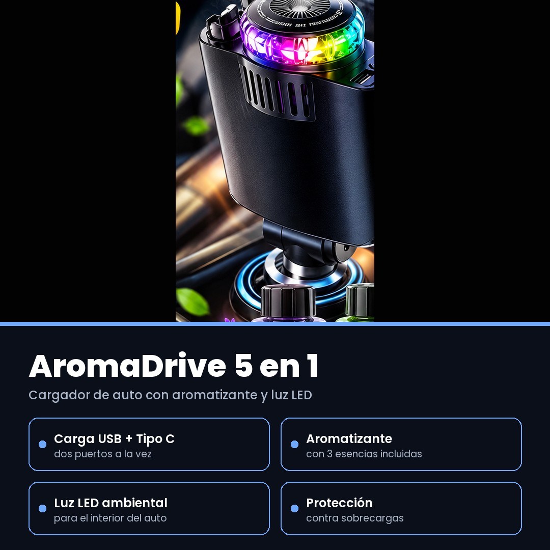AromaDrive 5 en 1 — Cargador de Auto con Aromatizante y Luz LED