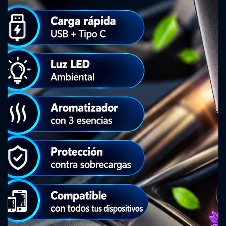 AromaDrive 5 en 1 — Cargador de Auto con Aromatizante y Luz LED