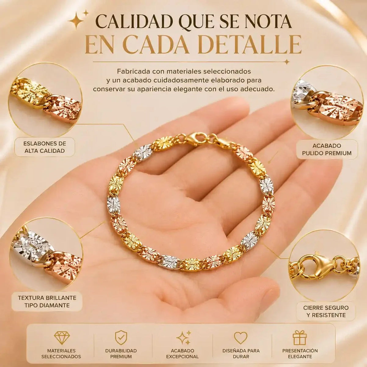Aurelia Tricolor — Pulsera de Eslabones Marineros en Tres Tonos