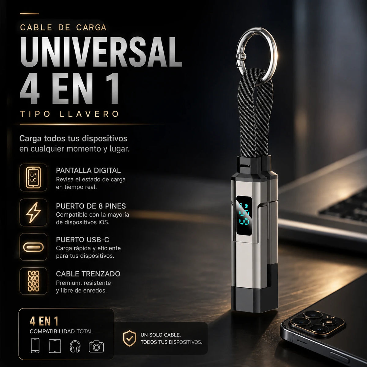 Cable Universal 4 en 1 🔌 Tipo Llavero con Pantalla Digital