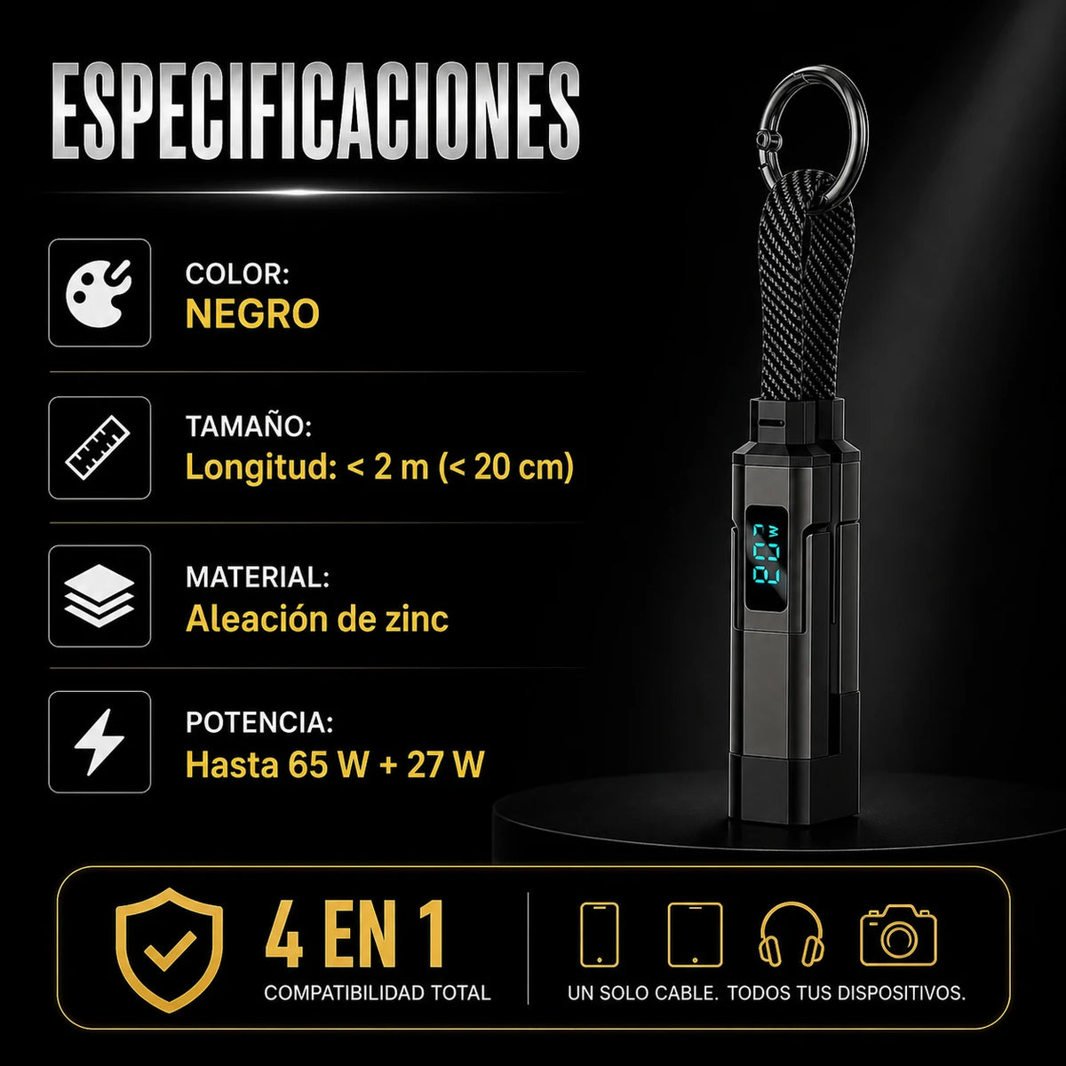 Cable Universal 4 en 1 🔌 Tipo Llavero con Pantalla Digital
