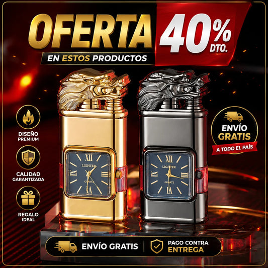 Oferta 40% — Encendedor Dragón con reloj (dorado y gris)