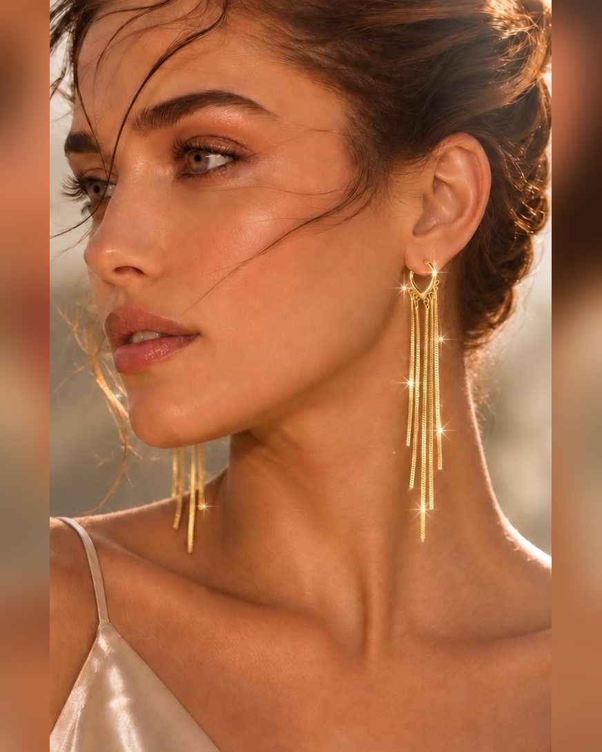 Aretes Largos Soleia™ ✨ Cascada de Flecos Chapados en Oro — 1