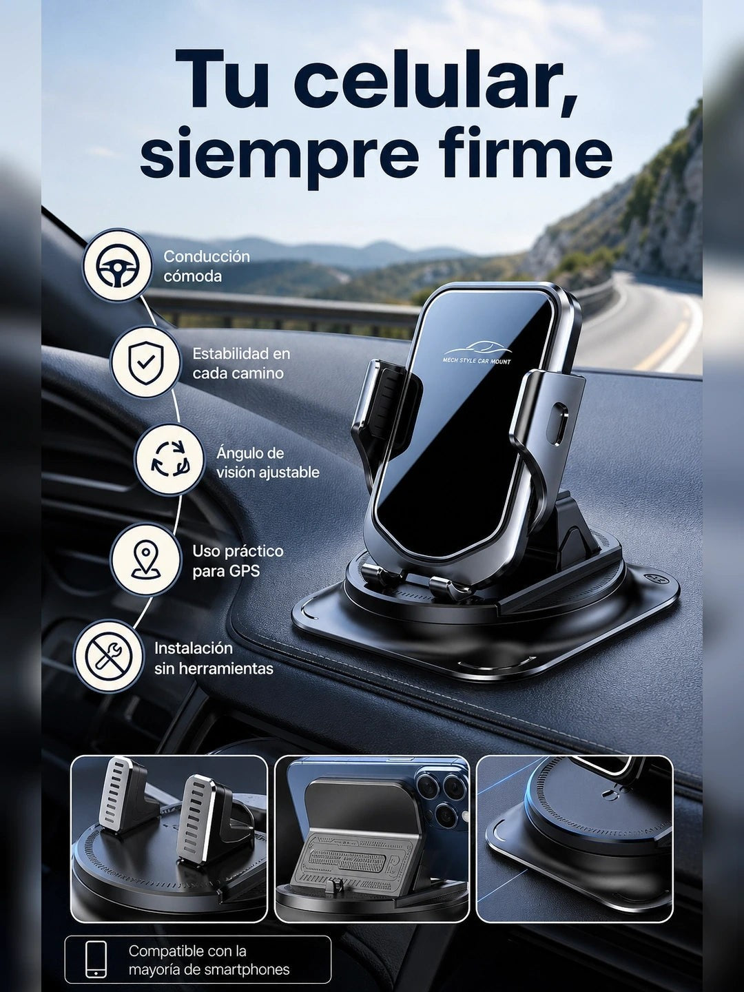 AutoGrip 📱 Soporte 360° para Celular con Agarre Mecánico y Base Antideslizante — 3
