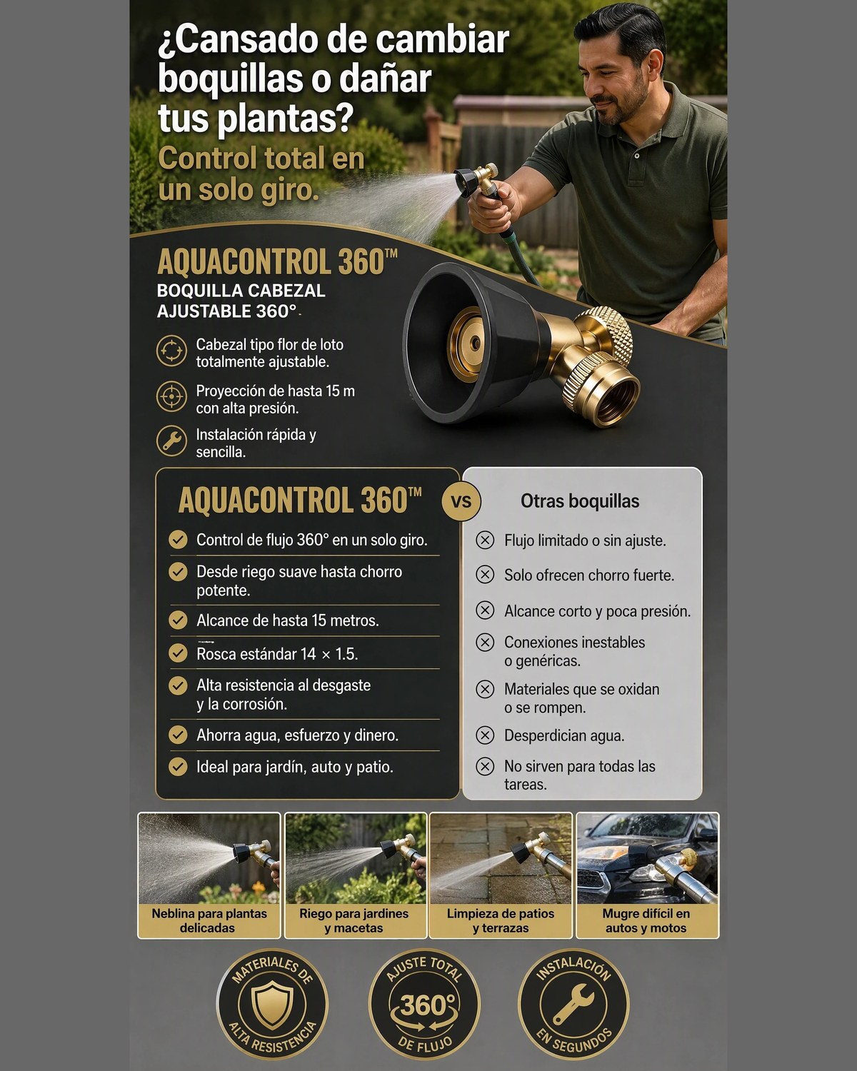 AquaControl 360™ — Boquilla de Latón con Cabezal Ajustable 360°