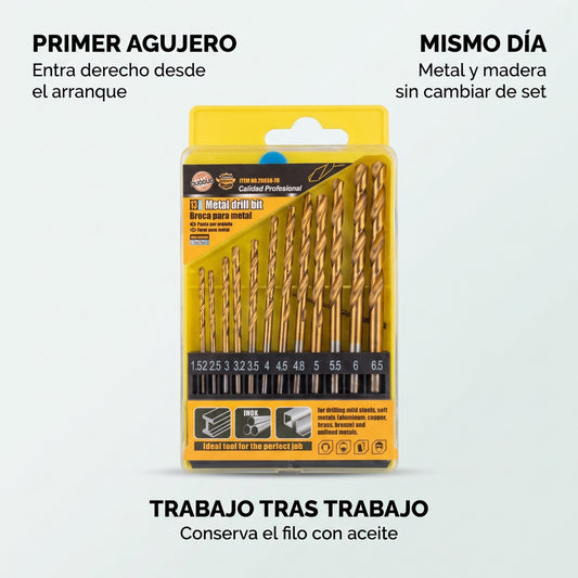 Juego de 13 Brocas Recubiertas de Titanio — Metal, Madera y Plástico