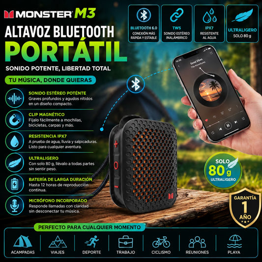 MONSTER M3 — Altavoz Bluetooth Portátil con Clip Magnético · IPX7