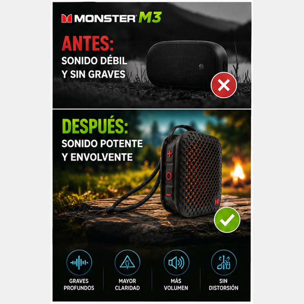 MONSTER M3 — Altavoz Bluetooth Portátil con Clip Magnético · IPX7