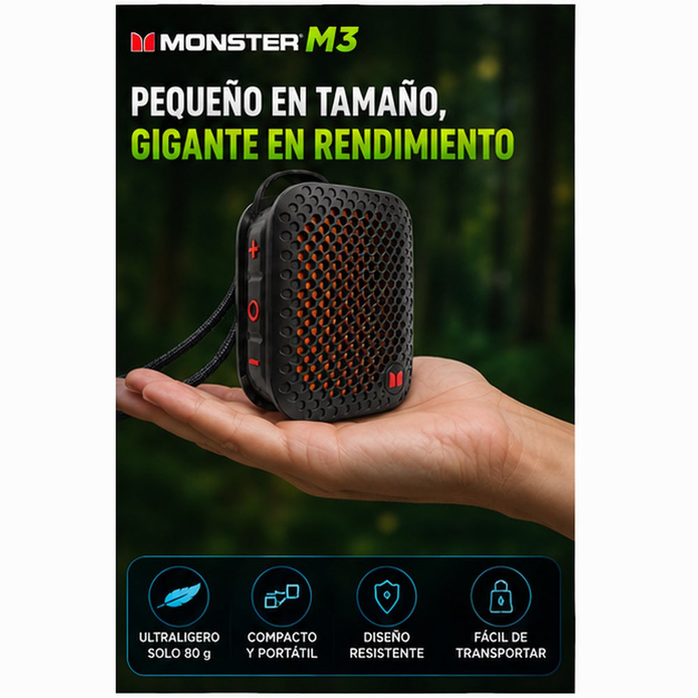 MONSTER M3 — Altavoz Bluetooth Portátil con Clip Magnético · IPX7
