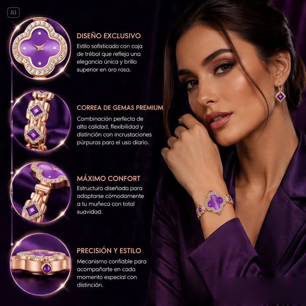 Reloj Trébol™ — Oro Rosa con Esfera Color Amatista y Malla de Cristales