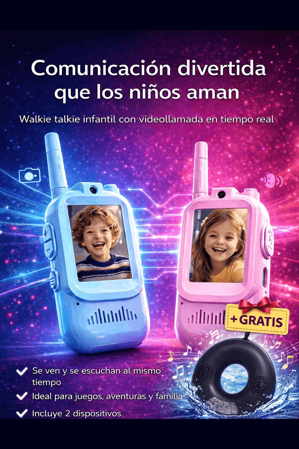 Walkie Talkids Pro — Set de 2 con Pantalla + Parlante Acuático de Regalo