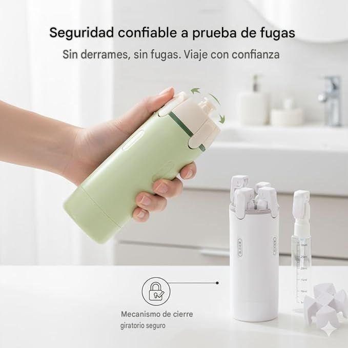 Botella Dispensadora 4 en 1 para Viajes — Sin Derrames, Todo en Una