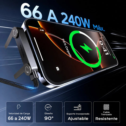 Cable Turbo 240W con Soporte Plegable 90° — Tipo C para iPhone y Android