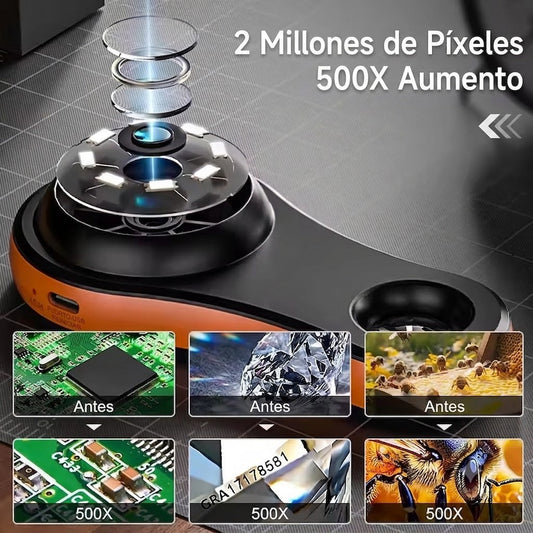 Microscopio Digital Portátil 500X — Pantalla IPS 2.0" HD 1080P
